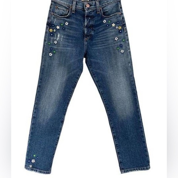 Alice + Olivia Amazing High Rise Girlfriend Embroidered Floral Slim Jeans Guilty - Picture 2 of 12